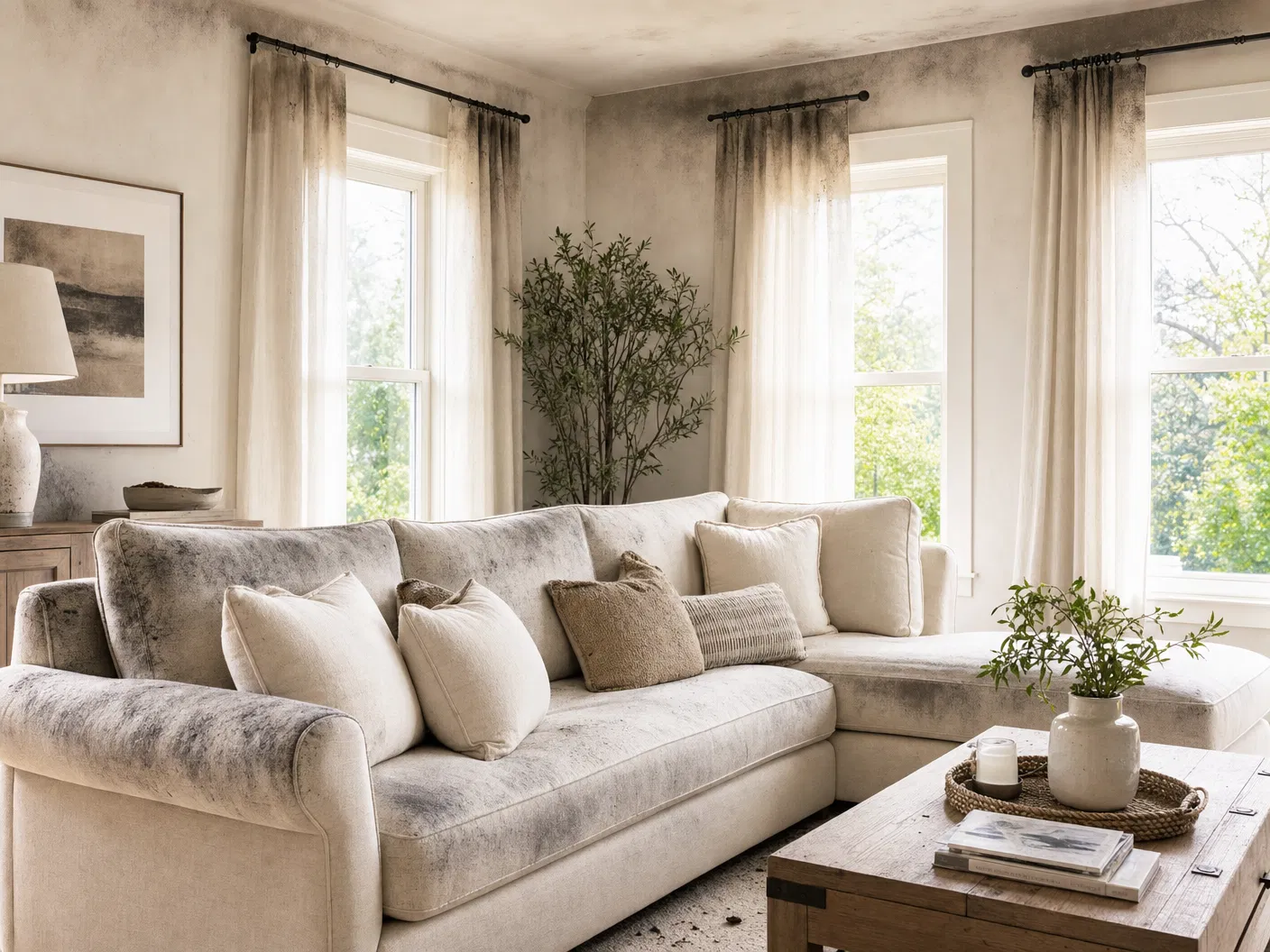 Living room showing moderate fire damage with light soot on cream textiles — professional textile restoration by Sunny Cleaners