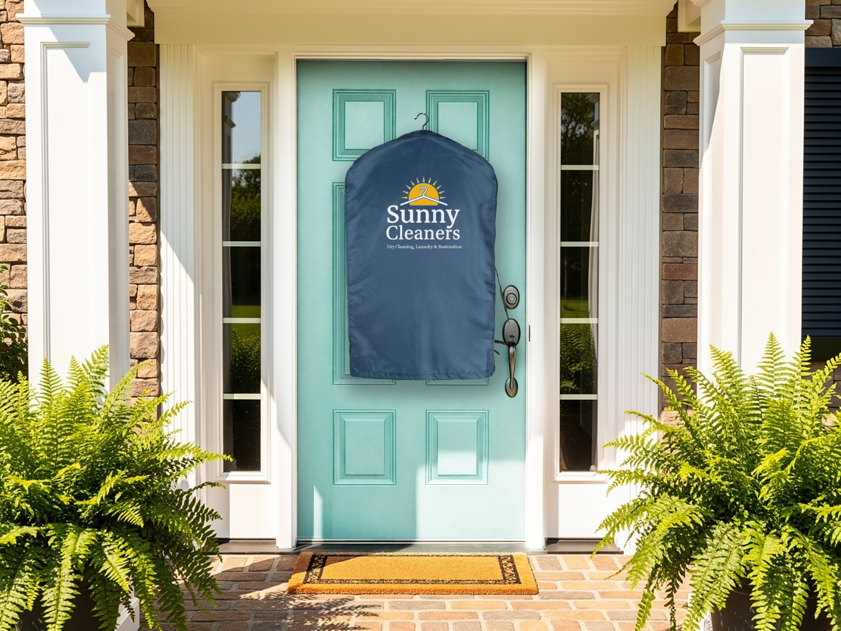 Sunny Cleaners VIP dry cleaning bag at front door