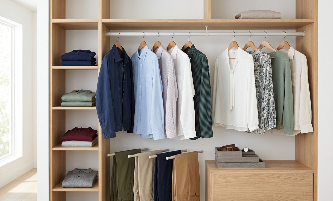 A neatly organized wardrobe of pressed, clean clothing