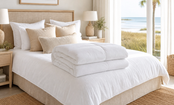 A freshly cleaned white comforter folded on a bed