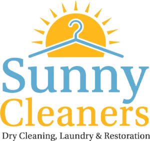 Logo for Sunny Cleaners featuring a yellow sun rising behind a blue clothes hanger, with 