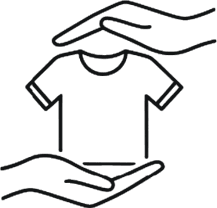 Two hands, one above and one below, surround a T-shirt in a protective gesture, depicted with simple black line art on a light background.