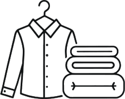 Line drawing of a collared shirt on a hanger next to three neatly folded towels.