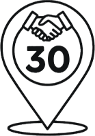 Outline of a map pin with a handshake above the number 30 inside the pin; the pin's tip points to a circular area below.