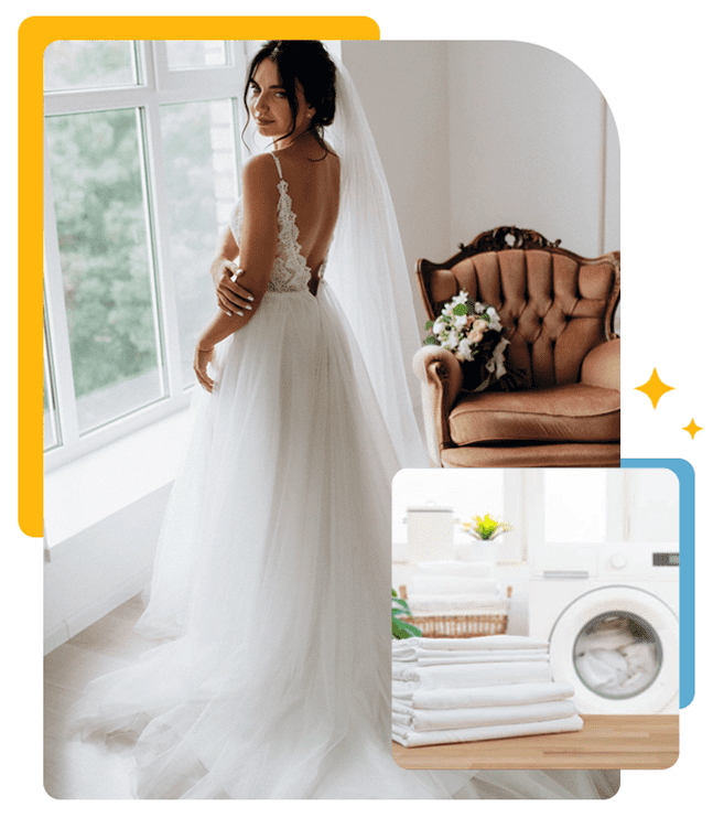 A bride in a white wedding dress stands by a window; inset shows folded linens and a washing machine in a bright laundry room.