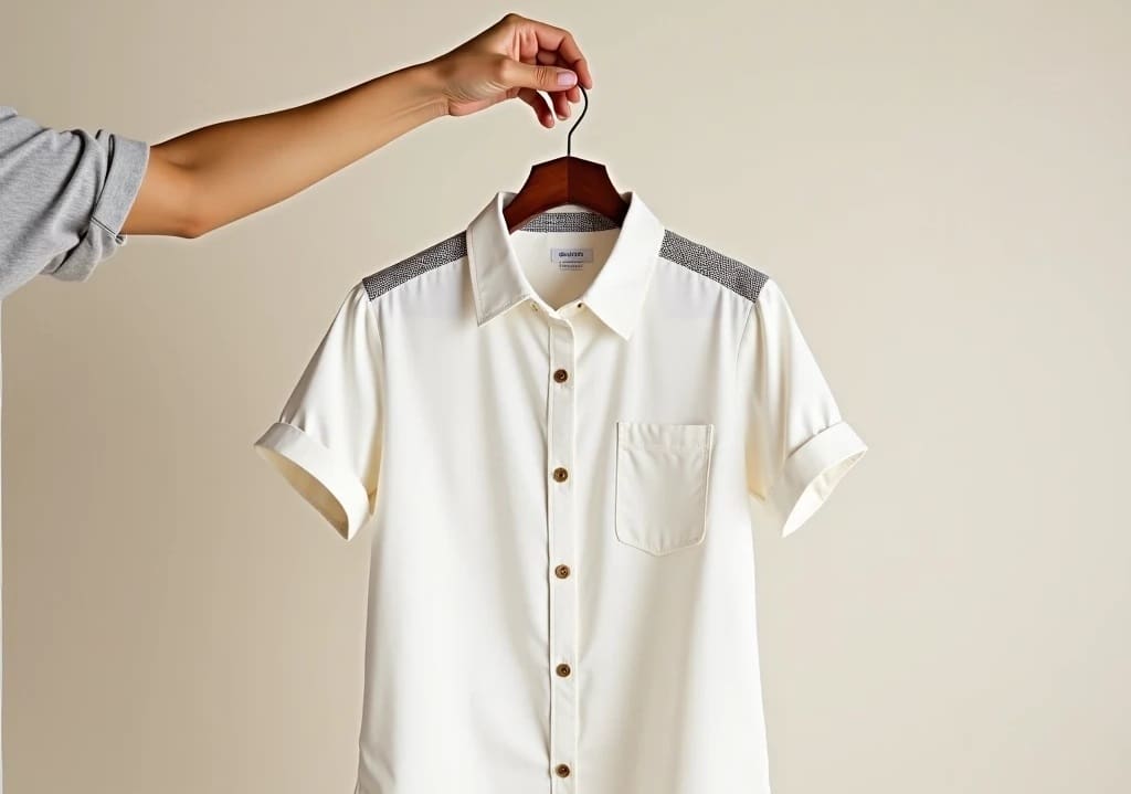 A person holds a hanger with a short-sleeve, cream-colored button-up shirt featuring a pocket and contrasting shoulder panels against a plain background.