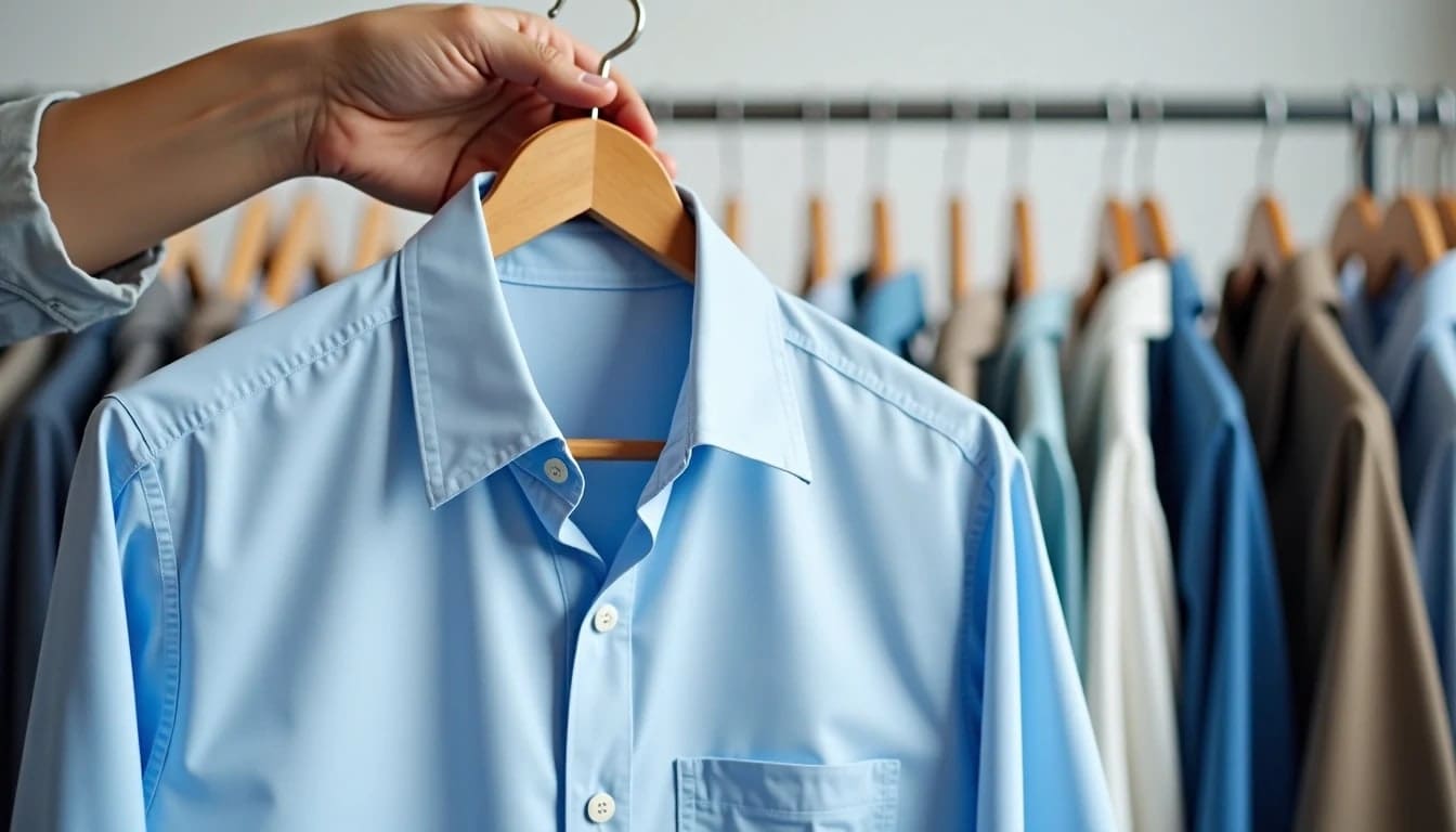 A hand holds a light blue dress shirt on a wooden hanger in front of a rack of assorted shirts.