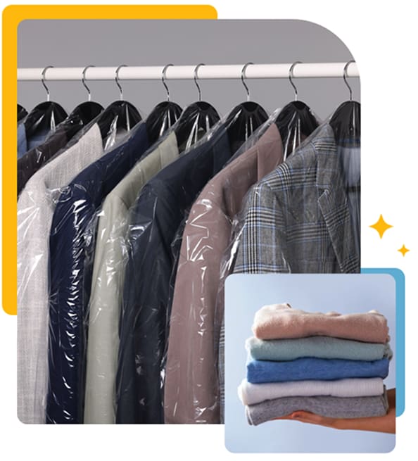 A row of suits covered in plastic hangs on a rack; inset shows a hand holding a stack of folded sweaters.