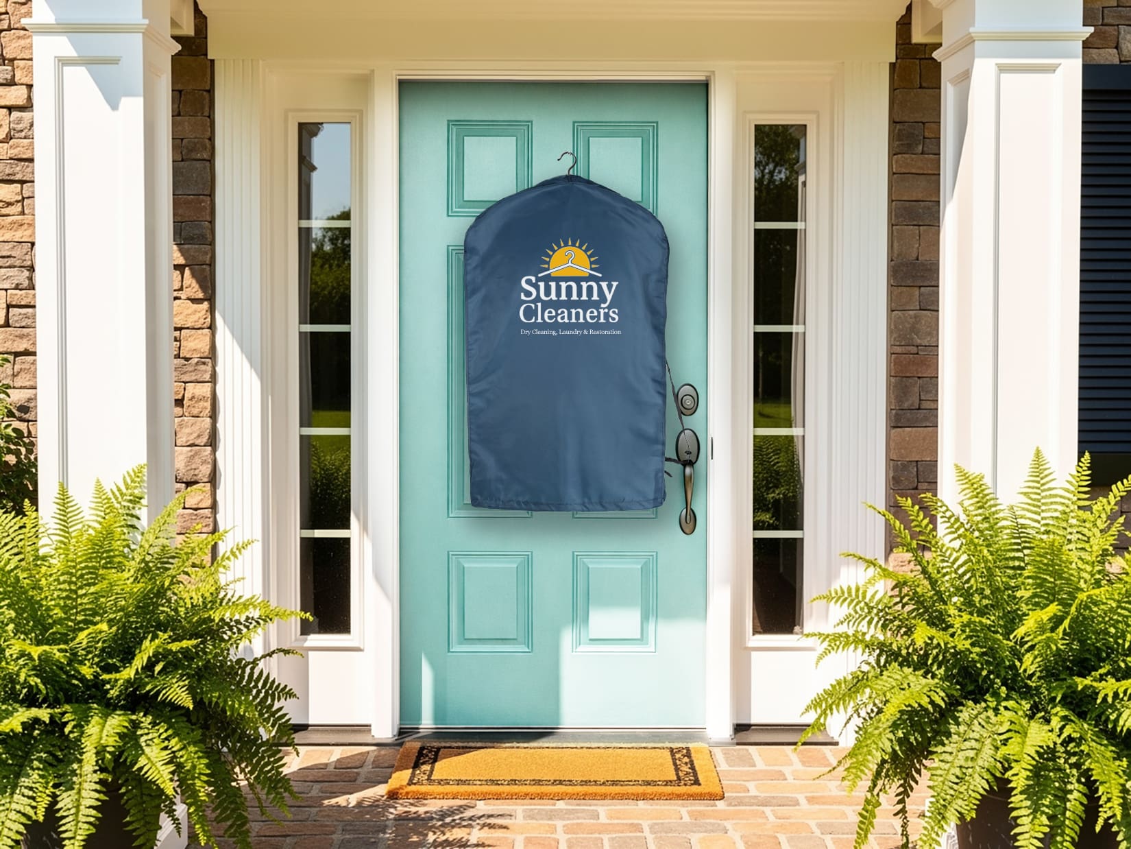 A blue garment bag labeled "Sunny Cleaners" hangs on the handle of a light blue front door, surrounded by ferns and brick siding.